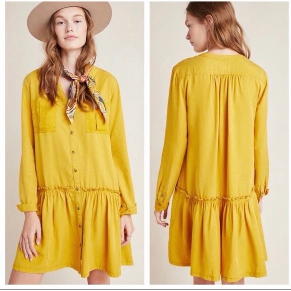 Antropologi/ Maeve Dresses & Skirts - Anthropologie Maeve Marlie Long Sleeve Button Front Tunic Dress Sz 2 Mustard
